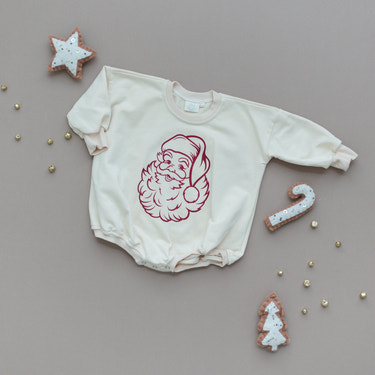 Vintage Santa Graphic Sweatshirt Romper - Cream