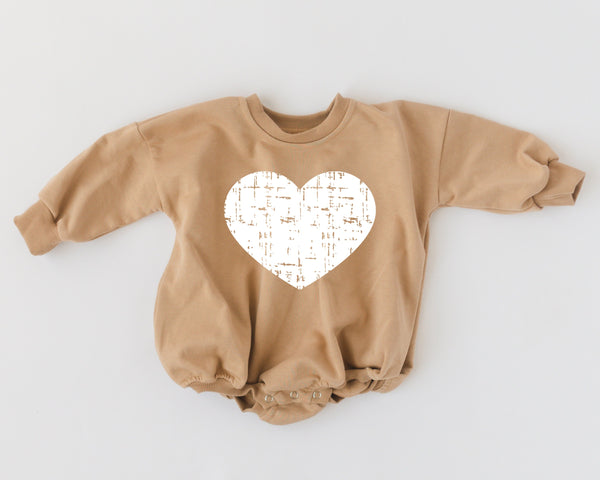 Distressed Heart Sweatshirt Romper in various colors, perfect for stylish baby outfits. Angle 7 view.