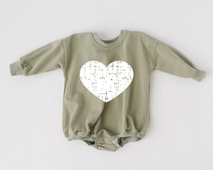 Distressed Heart Sweatshirt Romper in various colors, perfect for stylish baby outfits. Angle 9 view.