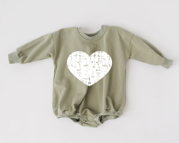 Distressed Heart Sweatshirt Romper in various colors, perfect for stylish baby outfits. Angle 9 view.