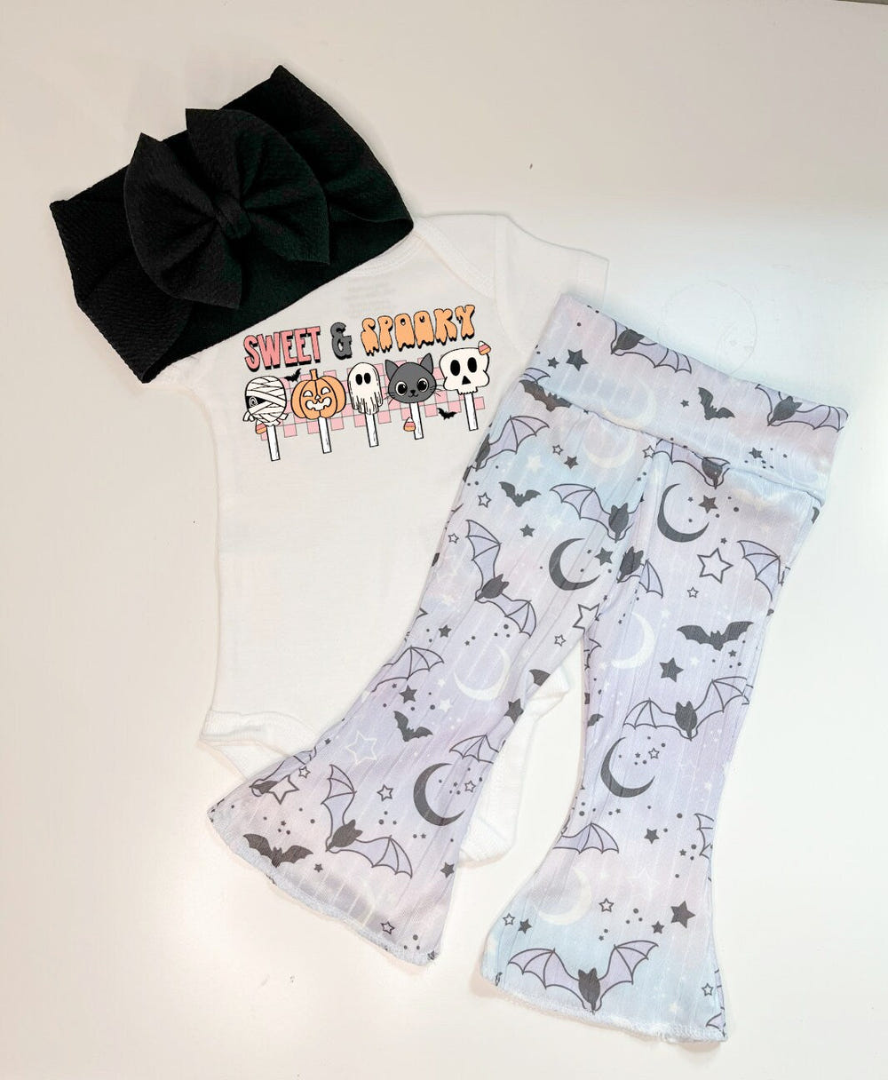Sweet and Spooky Halloween Bell Bottom pants for babies, featuring a fun and festive design.