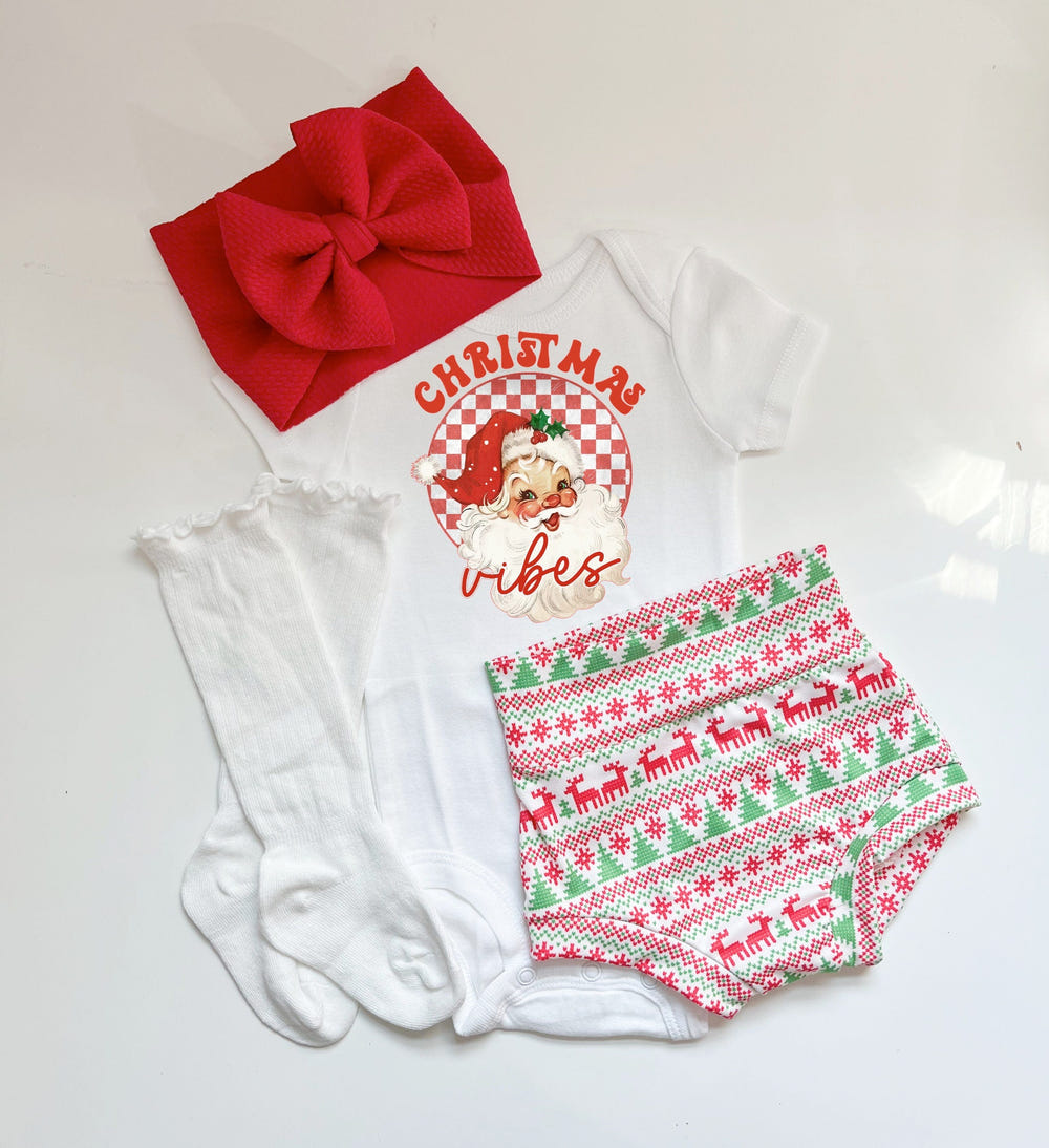 "Christmas Vibes Baby Bummies Set - festive two-piece outfit for infants, perfect for holiday celebrations."