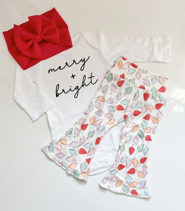 Merry & Bright Christmas Lights Bell Bottom Outfit for babies, showcasing festive design and cozy style.