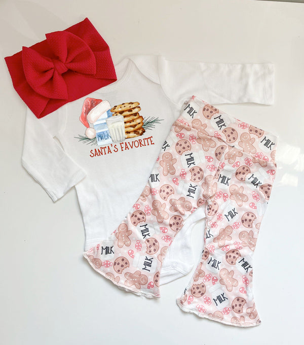Santa's Favorite Christmas Milk and Cookies Bell Bottom Outfit for babies, festive and adorable holiday clothing.