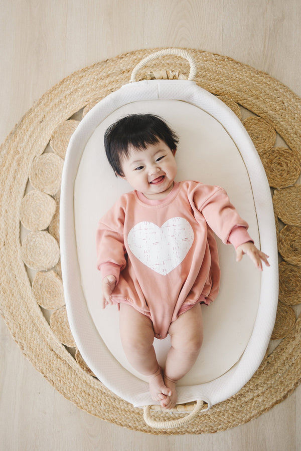 Distressed Heart Sweatshirt Romper for babies, available in multiple colors, shown from angle 6.