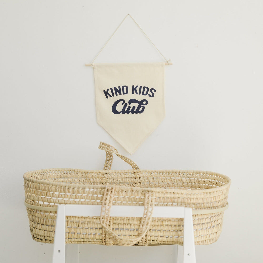 "Kind Kids Club Canvas Pennant - Colorful wall art for kids' rooms, promoting kindness and creativity."