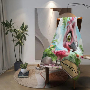 Personalized Flamingo Blanket - Cartoon Bird Super Soft Pink Green Bedroom Throw Custom Name Gift