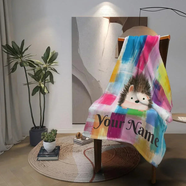 Personalized Hedgehog Blanket: Whimsical Plaid, Cosy Throw, Super Soft Name Gift