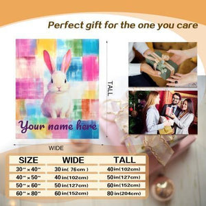 Personalized White Bunny Blanket: Rainbow Patchwork Microfiber Throw, Rabbit, Super Soft Name Gift