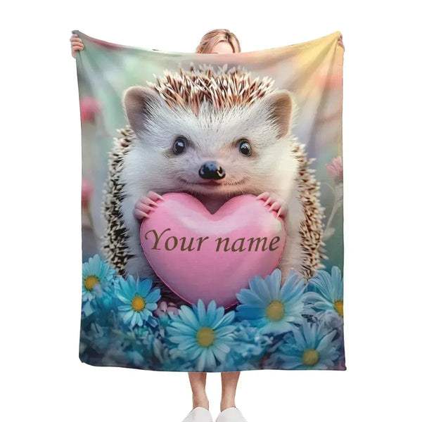 Personalized Hedgehog Love Heart Blanket: Romantic Flannel Fleece Throw, Super Soft Name Gift