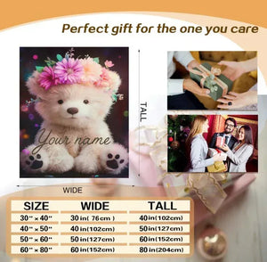 Personalized Teddy Bear Plush Blanket: Floral Crown, Soft Flannel Fleece Throw, Custom Name Gift