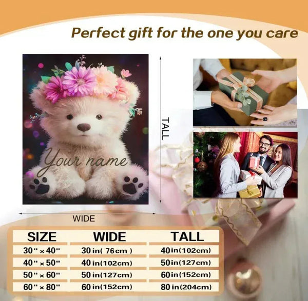Personalized Teddy Bear Plush Blanket: Floral Crown, Soft Flannel Fleece Throw, Custom Name Gift