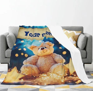 Personalized Teddy Bear Plush Blanket: Dreamy Stars, Flannel Fleece Throw, Super Soft Name Gift