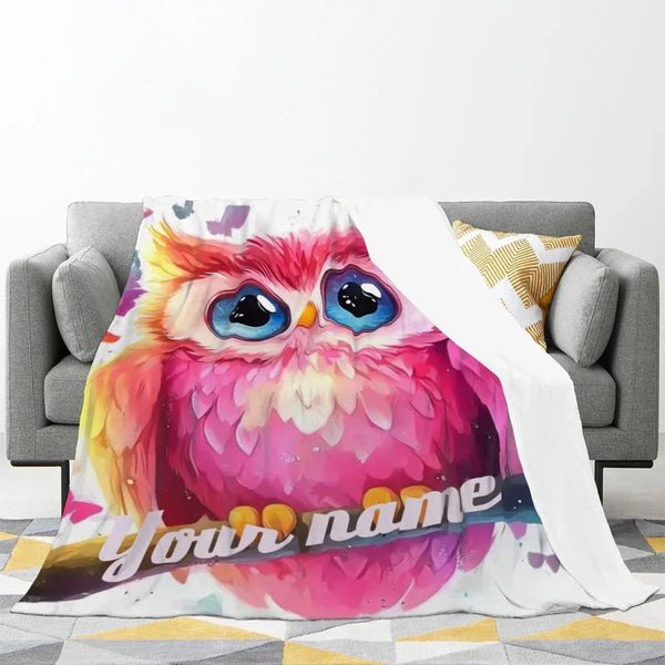 Personalized Pink Owl Bird Blanket: Flannel Fleece Throw, Super Soft Bedding Sofa Name Gift