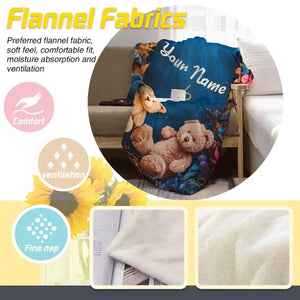 Personalized Teddy Bear Plush Blanket: Soft Flannel Fleece, Autumn Leaves, Custom Name Gift