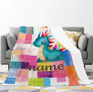 Personalized Dinosaur Blanket - Patchwork Maximalist Dragon Throw Custom Name Gift