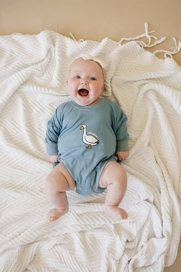 Silly Goose Bamboo Baby Romper - Teal or Blue - Infant Baby Toddler