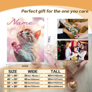 Personalized Kitten Blanket: Whimsical Heart Flannel Fleece Throw, Pink Kitty Cat Lover Gift