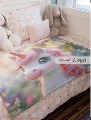Personalized Unicorn & Kitty Plush Blanket, Custom Name Soft Flannel Fleece Throw