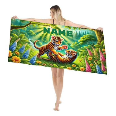Personalized Jungle Tiger Beach Towel: Custom Name Microfiber Swimming Pool Towel