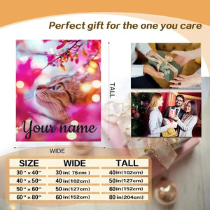 Personalized Cat Fleece Blanket: Pink Floral Kitty Design, Soft Custom Name Gift