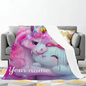 Personalized Unicorn & Kitty Plush Blanket, Custom Name Soft Flannel Fleece Throw