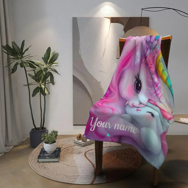 Personalized Unicorn & Kitty Plush Blanket, Custom Name Soft Flannel Fleece Throw