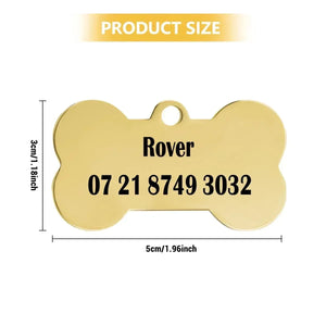 Engraved Pet ID Tag - Personalized Bone Shape Dog Cat Name Tag Gold Silver