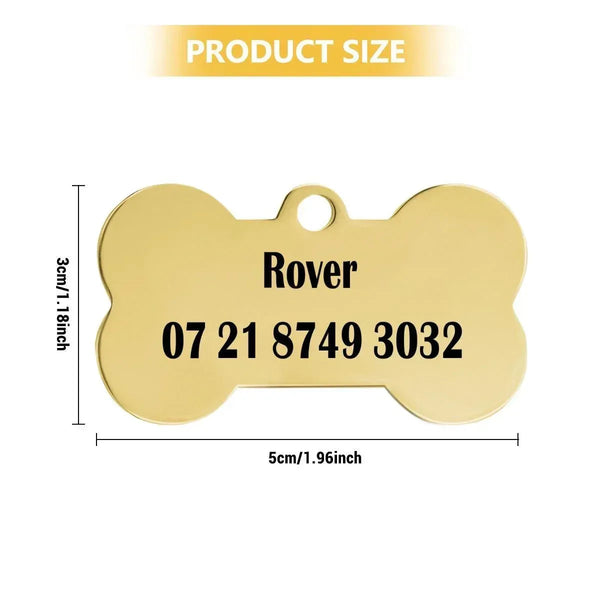 Engraved Pet ID Tag - Personalized Bone Shape Dog Cat Name Tag Gold Silver