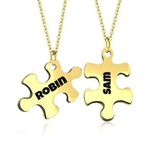 2 pcs - Engraved Puzzle Pieces Necklace Set - Stainless Steel Matching Pendants Custom Name Gift
