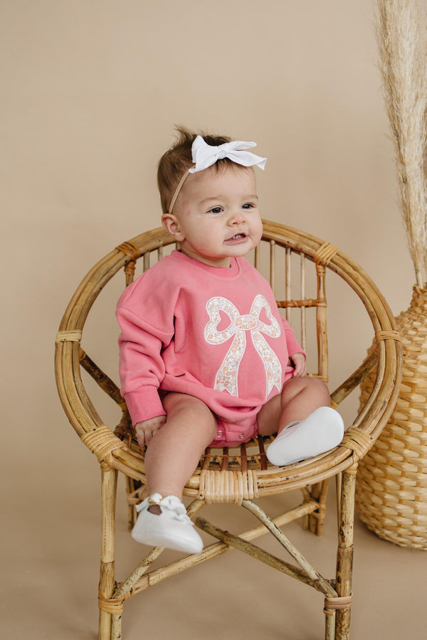 Pink Baby Romper: Floral Bow Applique Sweatshirt Outfit