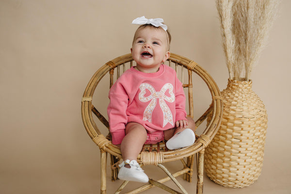 Pink Baby Romper: Floral Bow Applique Sweatshirt Outfit