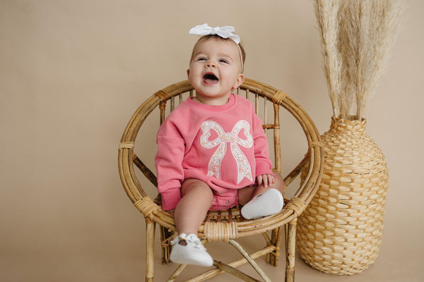 Pink Baby Romper: Floral Bow Applique Sweatshirt Outfit