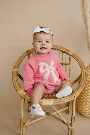 Pink Baby Romper: Floral Bow Applique Sweatshirt Outfit