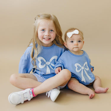 Blue Toile Applique Bow: Baby Sweatshirt Romper or Crewneck