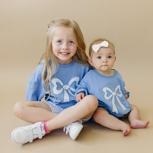 Blue Toile Applique Bow: Baby Sweatshirt Romper or Crewneck