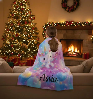 Personalized Kitty& Unicorn Fleece Blanket: Custom Name Throw, Soft Flannel