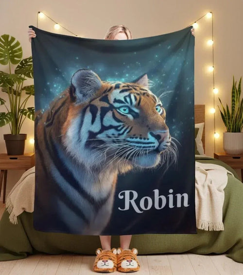 Personalized Tiger Blanket: Starry Night Jungle Throw, Soft Flannel Fleece Name Gift