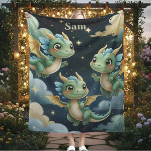 Personalized Green Dragon Blanket: Starry Night Bedroom Decor, Flannel Fleece Throw