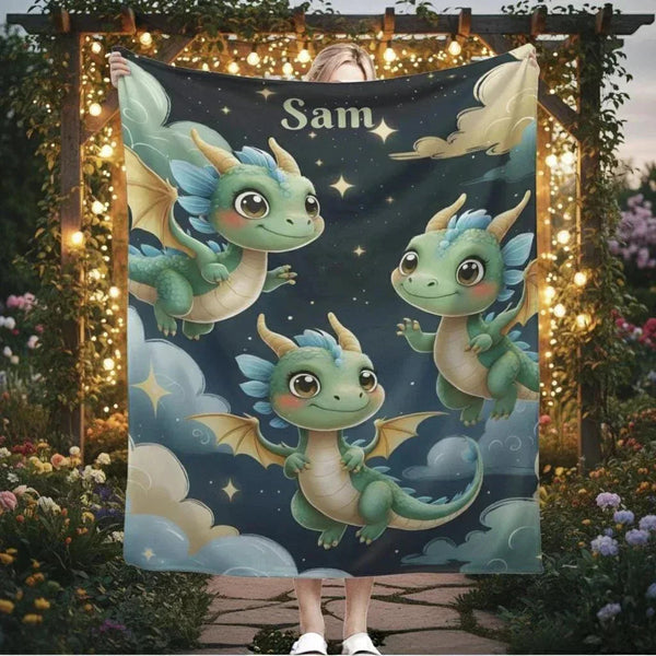 Personalized Green Dragon Blanket: Starry Night Bedroom Decor, Flannel Fleece Throw