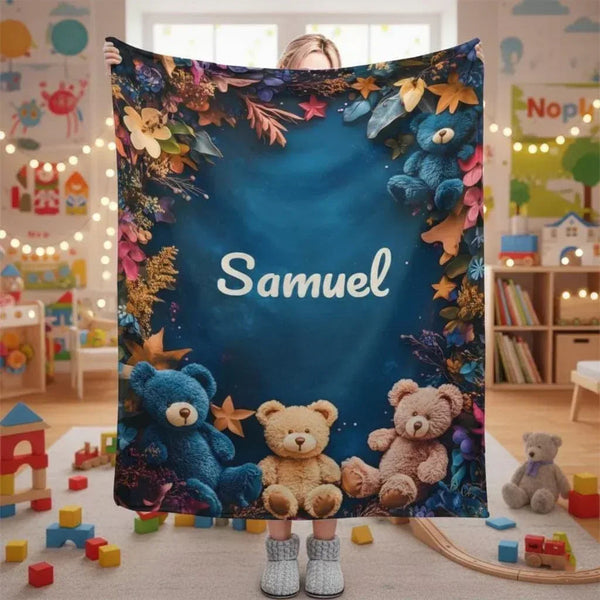 Personalized Teddy Bear Plush Blanket: Soft Flannel Fleece, Autumn Leaves, Custom Name Gift