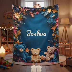 Personalized Teddy Bear Plush Blanket: Soft Flannel Fleece, Autumn Leaves, Custom Name Gift
