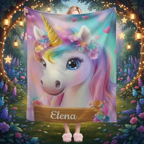 Personalized Unicorn Blanket: Rainbow Pink White Bedroom - Soft Flannel Fleece Throw, Name Gift