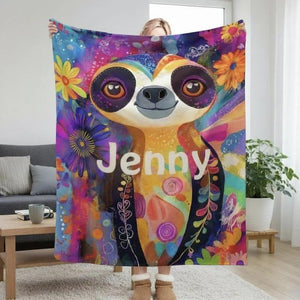 Customizable Sloth Blanket: Tropical Floral Art Flannel Throw