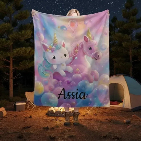 Personalized Kitty& Unicorn Fleece Blanket: Custom Name Throw, Soft Flannel