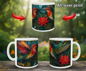 Personalized Stained Glass Hummingbird Coffee Mug: Bohemian Ceramic Tea Cup - Gift with Name