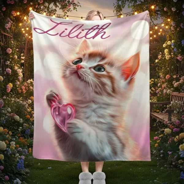 Personalized Kitten Blanket: Whimsical Heart Flannel Fleece Throw, Pink Kitty Cat Lover Gift