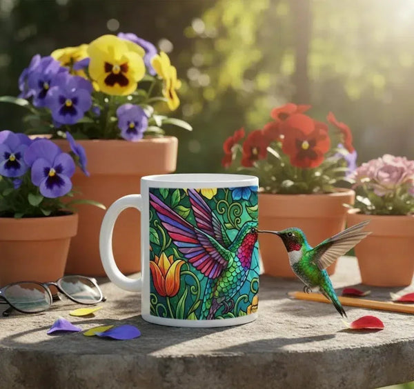 Hummingbird Colorful Mug: Stained Glass Design, Hot Chocolate, Coffee Mug, Tea Cup