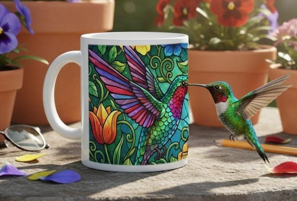 Hummingbird Colorful Mug: Stained Glass Design, Hot Chocolate, Coffee Mug, Tea Cup