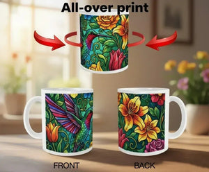 Hummingbird Colorful Mug: Stained Glass Design, Hot Chocolate, Coffee Mug, Tea Cup